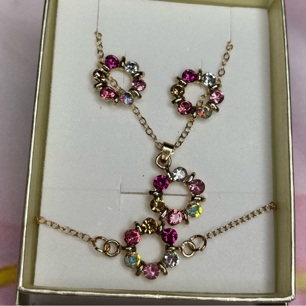 Elegant Pink Gemstone Necklace, Bracelet and Earrings Set